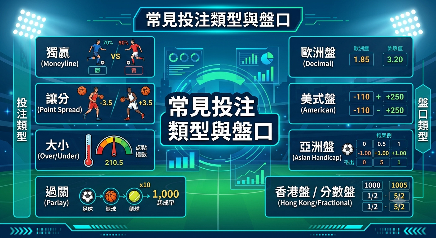 這是一張介紹常見投注類型與盤口的資訊圖表。 圖中詳細列出了勝負盤、讓分、大小分與過關等投注方式，以及歐洲盤、美式盤、亞洲盤與香港盤等多種盤口格式。