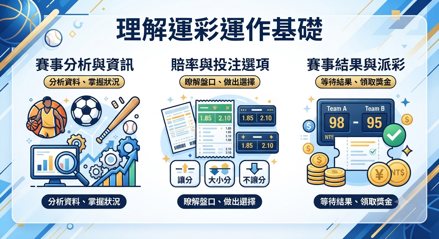 這張圖片以「理解運彩運作基礎」為標題，並將運動彩券的運作流程分為三個階段。 透過賽事分析、賠率與投注選項，以及最終的賽事結果與派彩，呈現出投注運彩的核心概念。